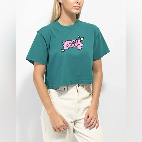 Obey Bubble And Stars Teal Cropped Short Sleeved T-Shirt Size Small - Picture 2 of 3